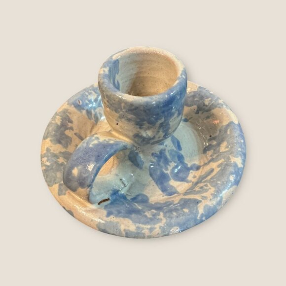 Handmade Blue & White Sponge Ware Pottery Candle Holder Signed BB - Picture 4 of 6